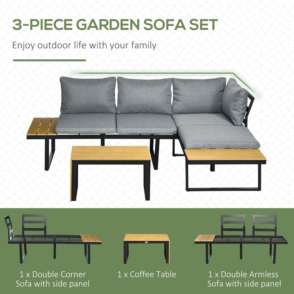 image 1 of Outsunny 3 Pieces Patio Furniture Set, Outdoor Garden Sofa Conversation Set w Padded Cushions, Wood Grain Plastic Top Table and Side Panel, Dark Grey