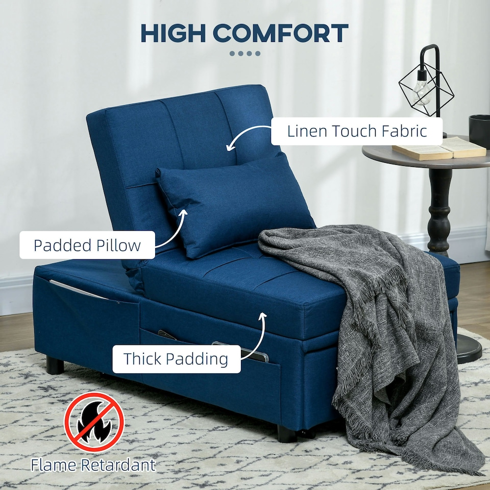 image 1 of HOMCOM Folding Sofa Bed Adjustable Single Sleeper w/ Pillow Side Pocket, Blue