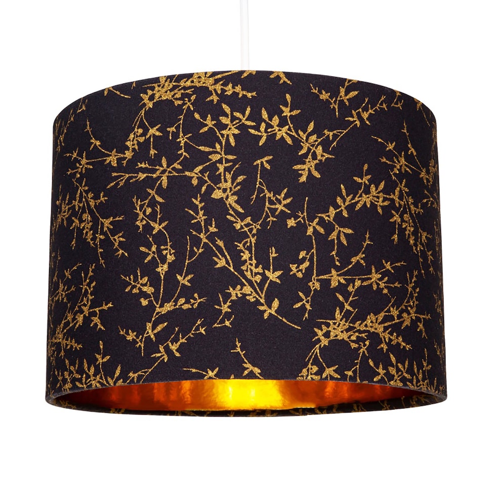 image 1 of Modern Black Cotton Fabric 12 Inch Lamp Shade with Gold Foil Floral Decoration | Black