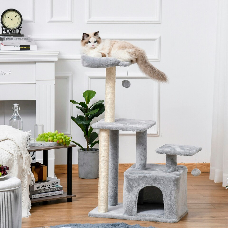 image 1 of PawHut Cat Tree Tower with Sisal Scratching Post Condo 114cm Light Grey