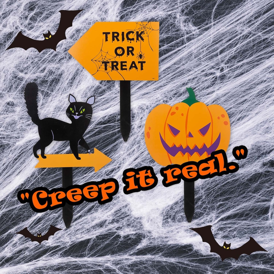 image 1 of vfm-estore Halloween Outdoor Stake Signs 3-Pack - Cat, Pumpkin, Trick or Treat