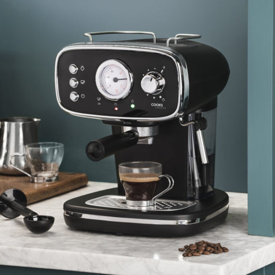 image 1 of Cooks Professional 15-Bar Retro Espresso Coffee Machine 1.2L with Frothing Steam Wand | Black | Black & Silver