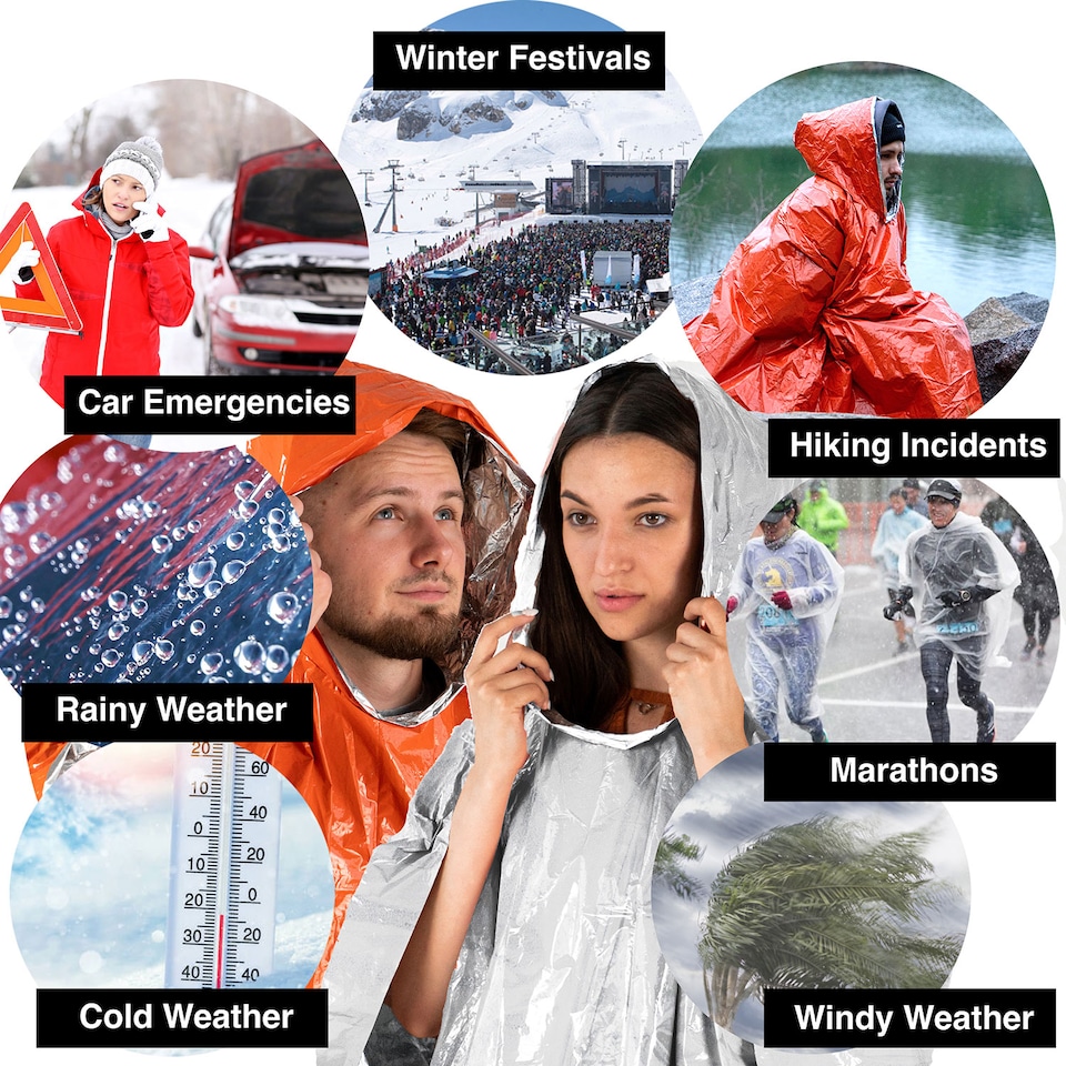 image 1 of aZengear Emergency Survival Poncho (4pc) Thermal Mylar Foil Coating Blanket for Heat Retention, Rain, Waterproof Outdoor Kit