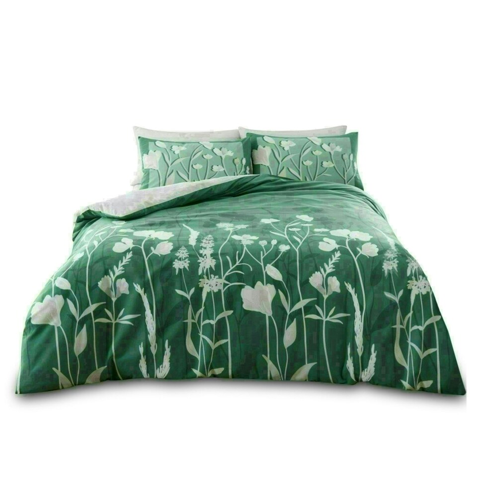image 1 of Gigi Floral Printed Duvet Cover Set Reversible Polycotton Beddings Green | Double