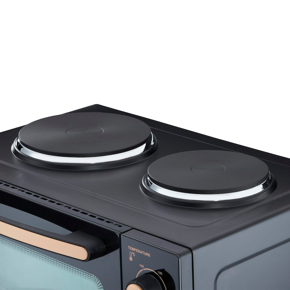 image 1 of Cooks Professional Mini Oven with 2 Hobs | 34 Litre | Powerful 1500W | Black and Copper
