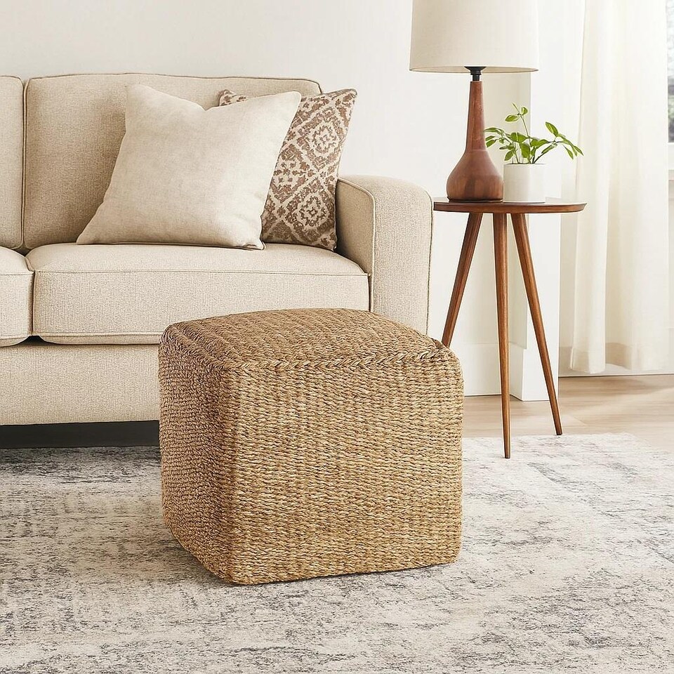 image 1 of Square Natural Jute Pouffe Ottoman Footstool