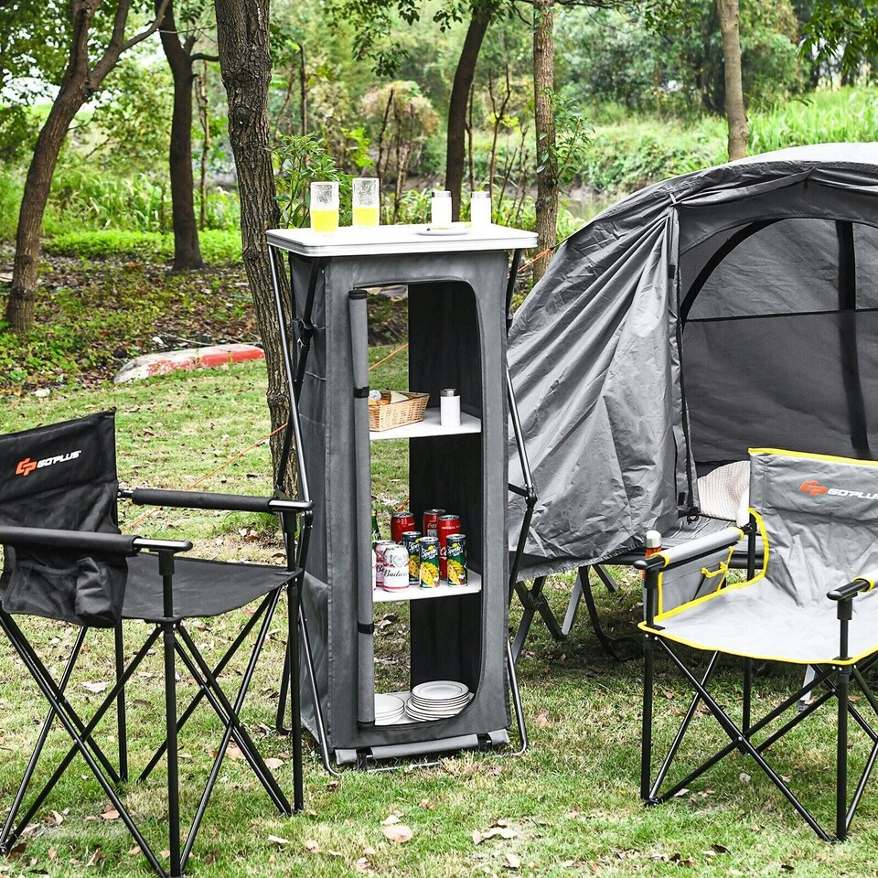 image 1 of COSTWAY 3 Tier Folding Cupboard 139cm Camping Storage Table Grey