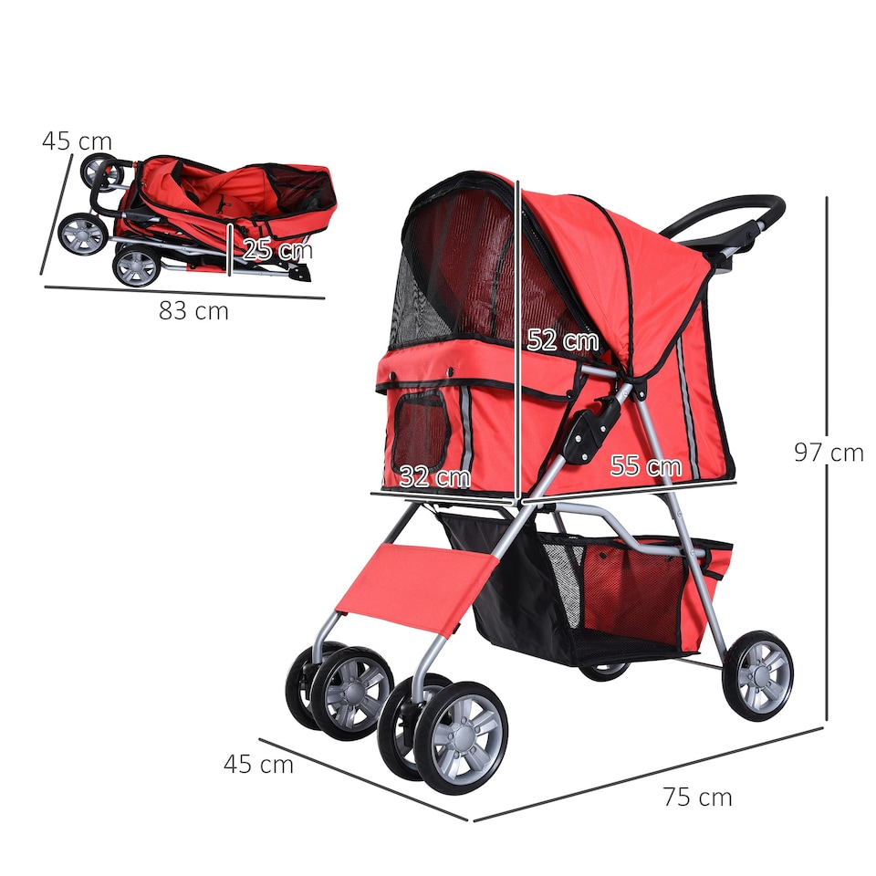 image 1 of PawHut Pet Stroller Carrier Foldable Deluxe Jogger Walk Travel Dog Cat Red