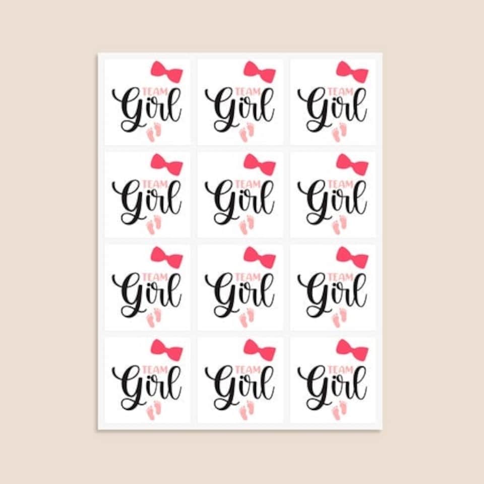 image 1 of Team Girl Gender Reveal Square Stickers 65mm - Sheet of 12