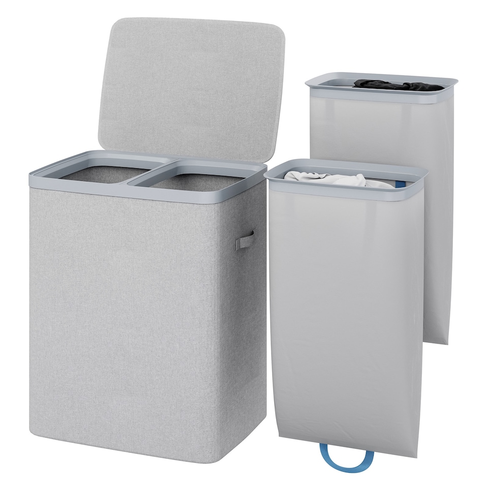 image 1 of Gr8 Home Grey Double Laundry Seperation Hamper Bin Large Clothes Washing Basket With Lid