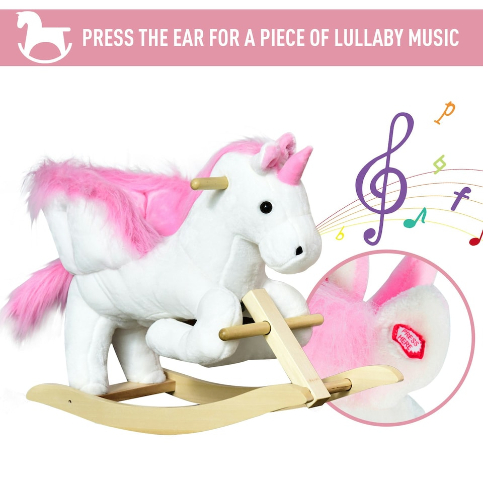 image 1 of HOMCOM Kids Wooden Ride On Unicorn Rocking Horse Plush Toy Soft Seat Pink