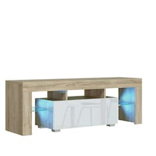 TV Unit 130cm White Gloss Door Oak Matt Body with Glass Sides Free LED | Brown | White | One Size | 1