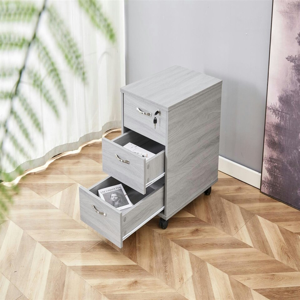 image 1 of Grey Office Desk L-shaped with Mobile Storage Drawer Unit Wooden Room Furniture Grey