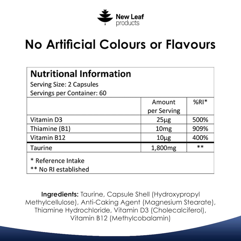 image 1 of Taurine Capsules - 1800mg Caps + Vit B1, B12 & D3