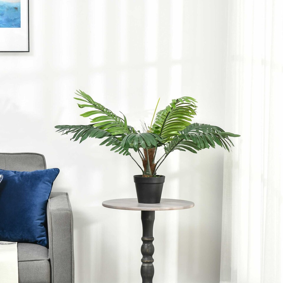 image 1 of Outsunny 60cm Artificial Palm Tree Decorative Plant 8 Leaves with Nursery Pot, Fake Tropical Tree for Indoor Outdoor Decor, Green