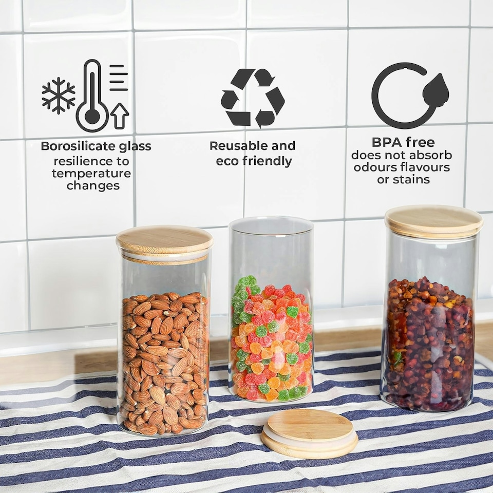 image 1 of Set of 3 1200ml Clear Cylinder Spaghetti Glass Storage Jars
