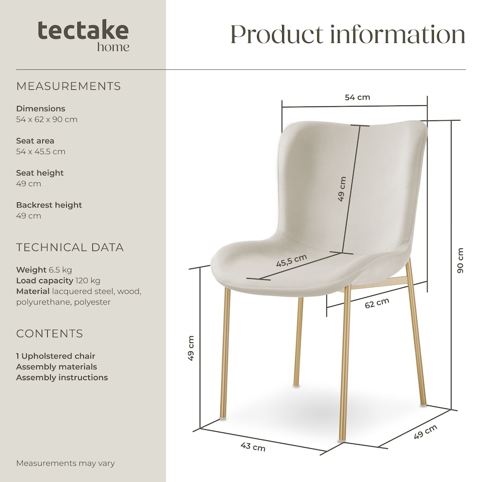 image 1 of Dining Chair Tessa - ergonomic high backrest, slim steel legs, soft fabric | Cream | Velvet look beige/gold | 1