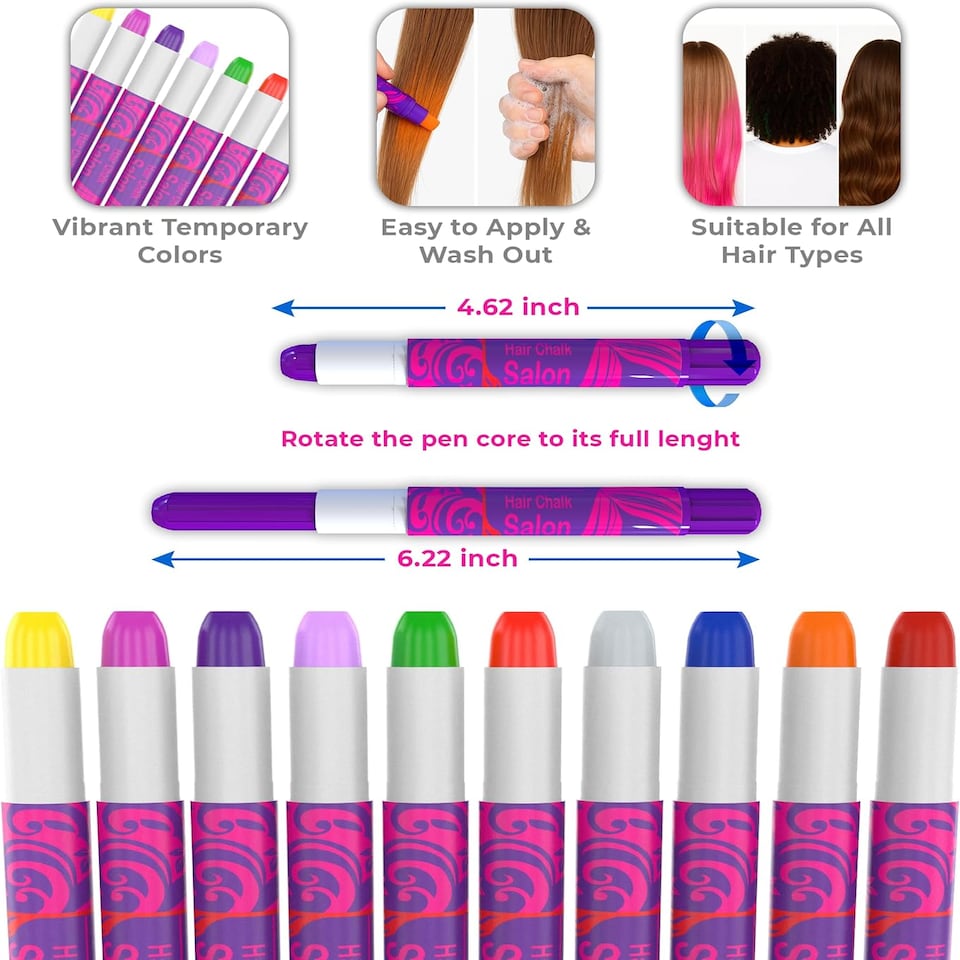 image 1 of Desire Deluxe Hair Chalk Gift for Girls - 10 Temporary Non-Toxic Easy Washable Hair Dye Colourful, Metallic, Glitter Pens - Great Games Birthday Girls