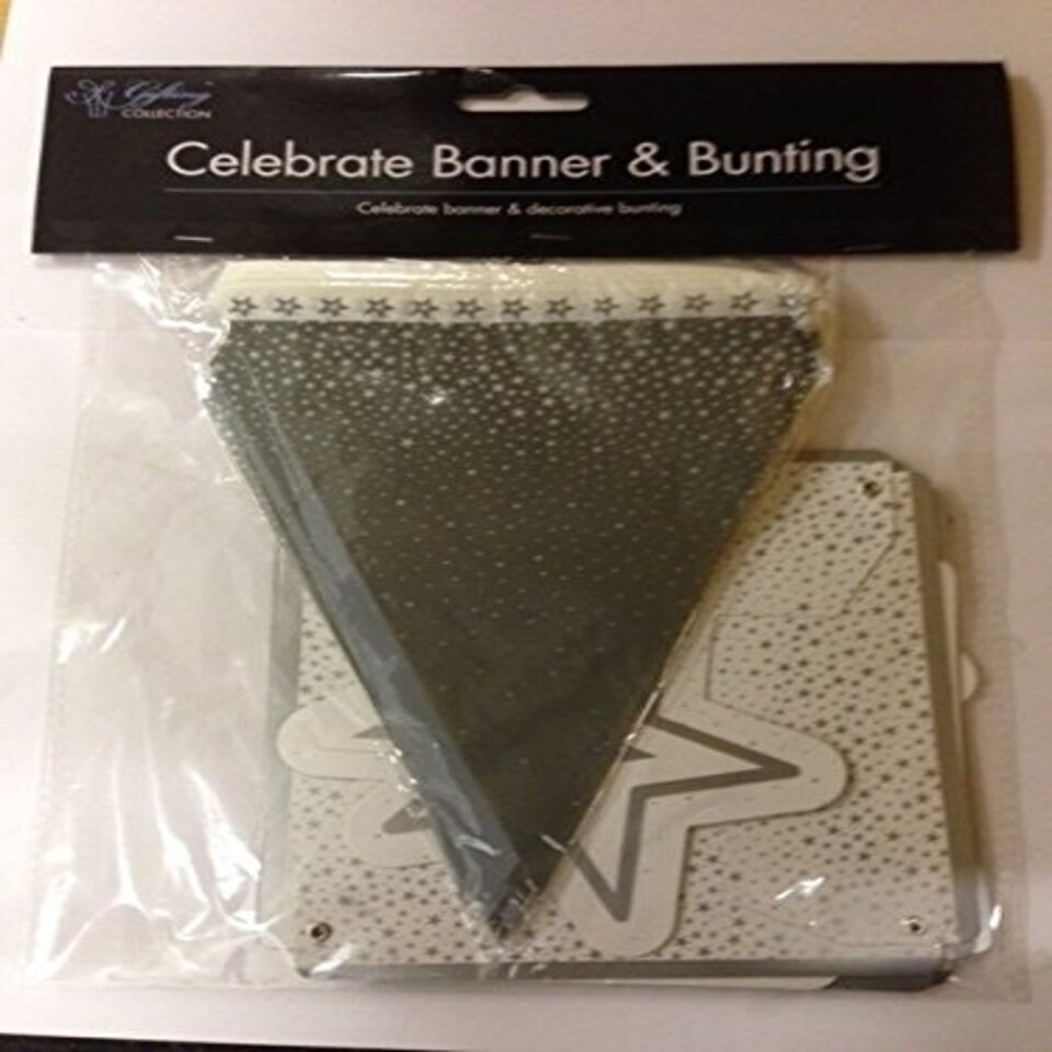 image 1 of Christmas All Occasion Decorative Banner & Bbunting Party Celebrate and Stars Design White Silver