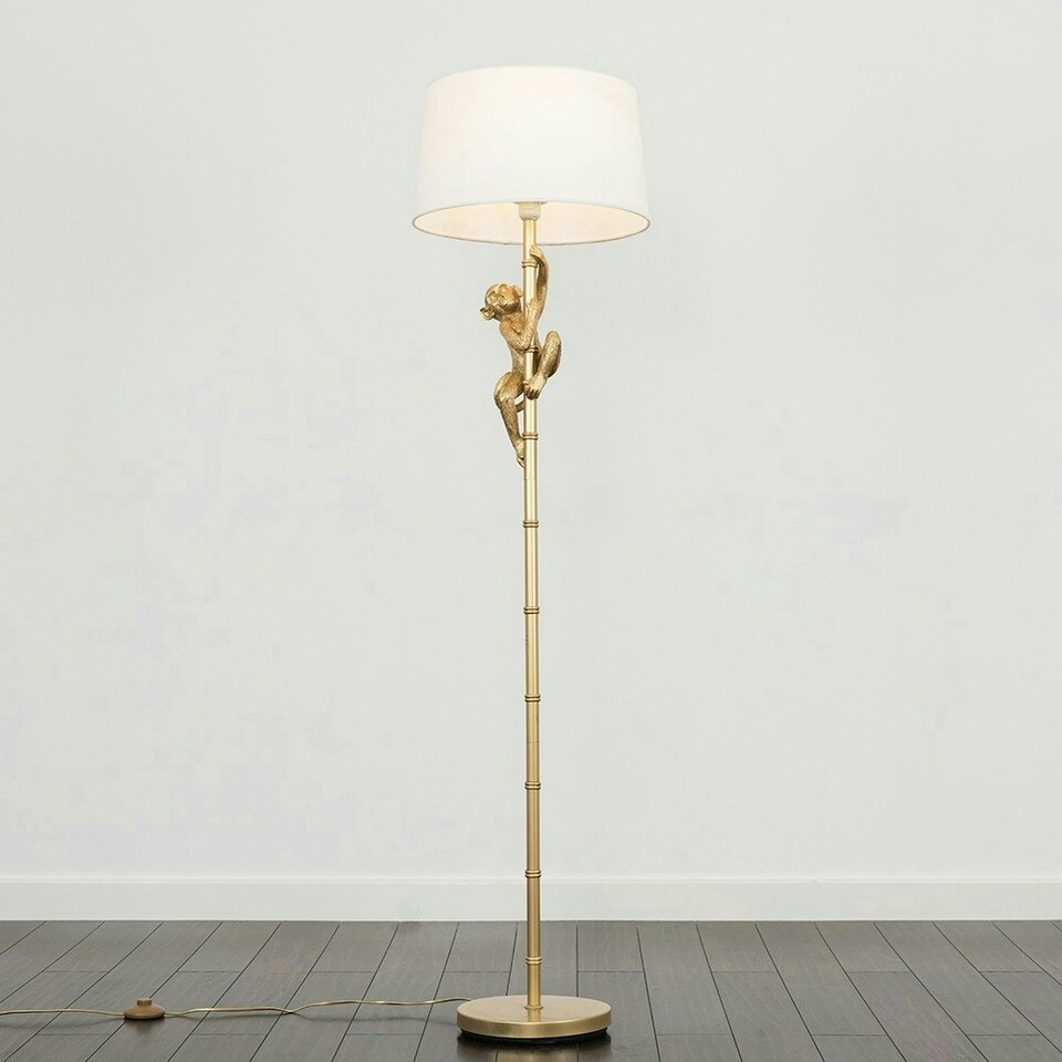 image 1 of ValueLights Monkey Painted Gold Floor Lamp with White Tapered Shade and LED Bulb