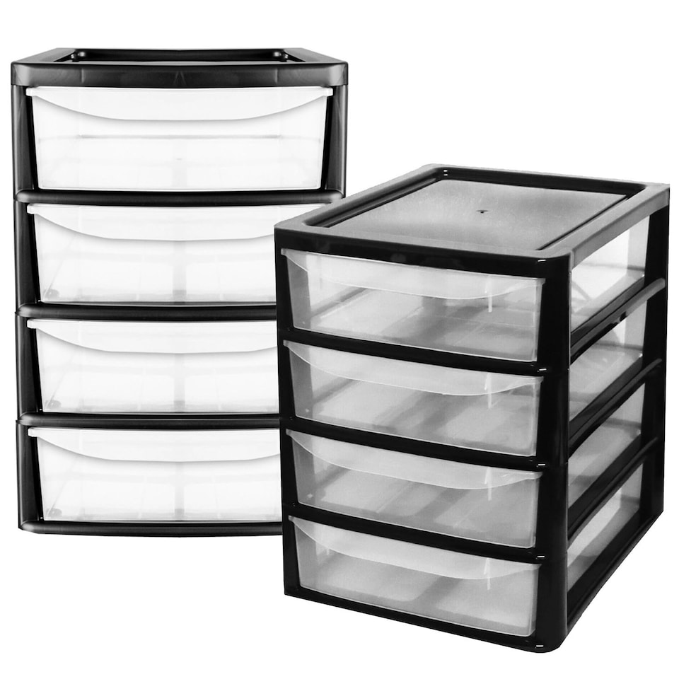image 1 of 1 x Black A4 Table & Desktop Compact Bedside Plastic Storage Unit With 4 Clear Drawers Black