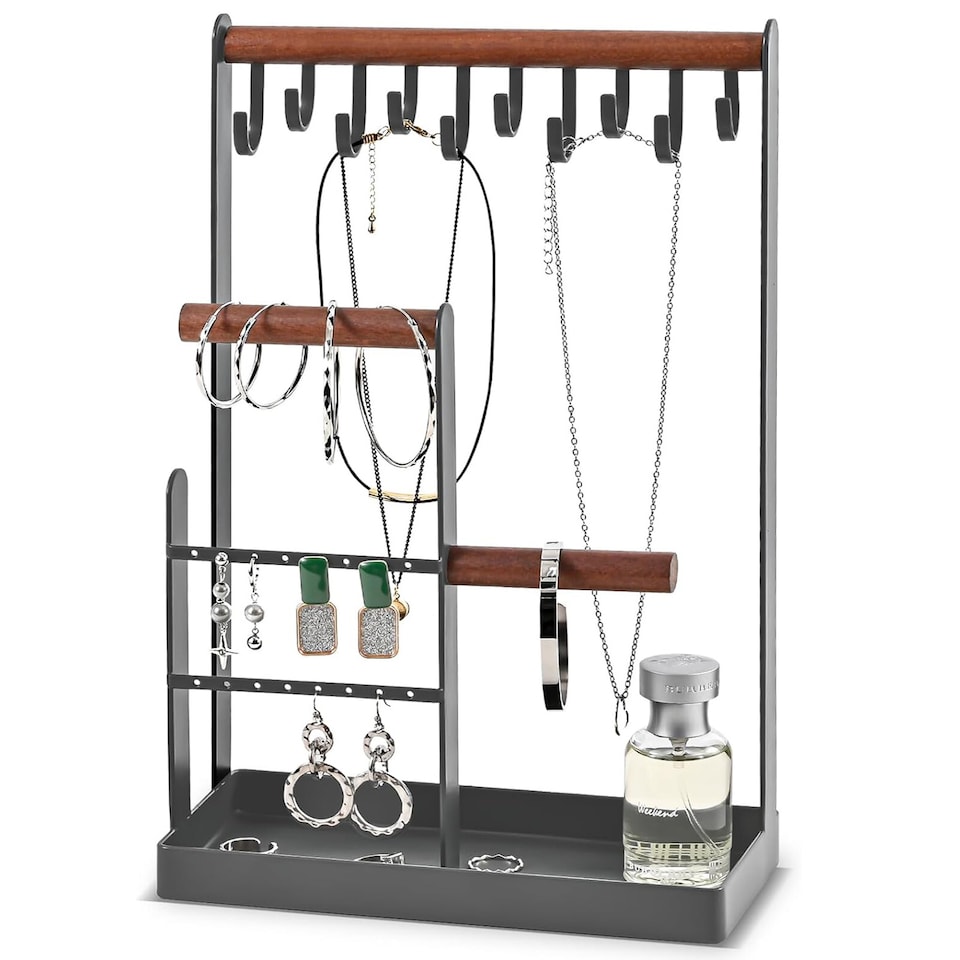 image 1 of Jewellery Stand Holder Wooden Ring Necklace Keys Organizer Tabletop Storage Tray