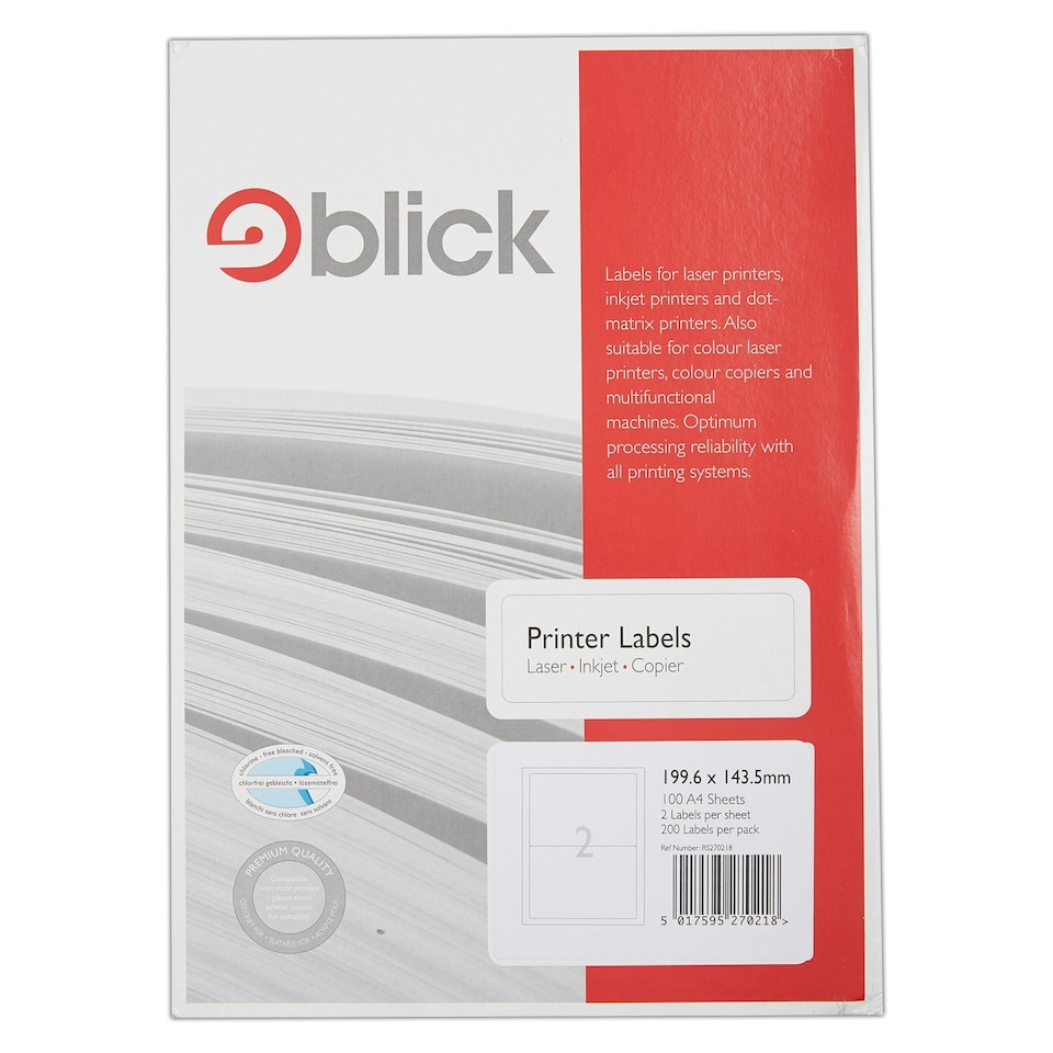 image 1 of Blick 2 Per Sheet 100 Sheets, 199.6mm x 143.5mm, Rectangular, White, 200 Labels