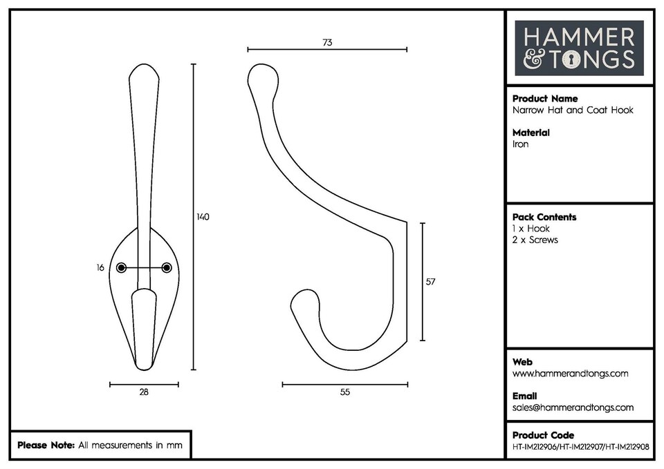 image 1 of Hammer & Tongs Narrow Hat & Coat Hook - W30mm x H140mm - Black