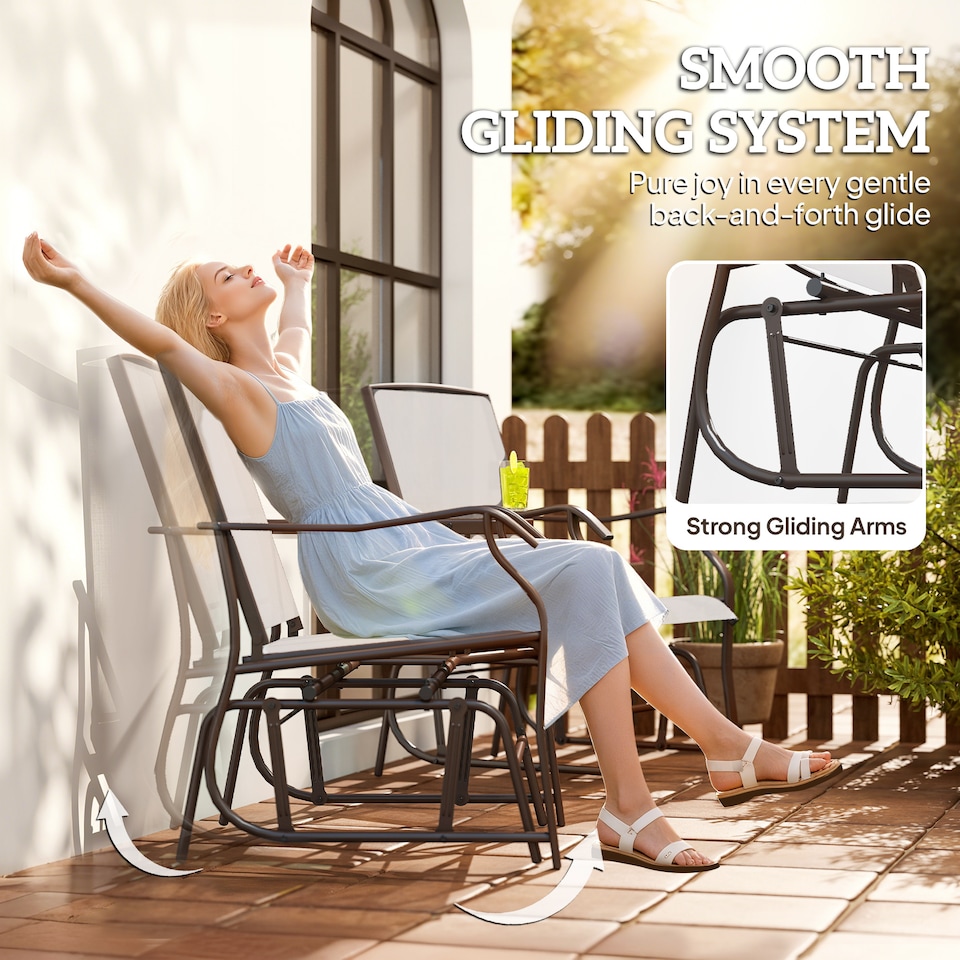 image 1 of Outsunny Outdoor Double Glider Rocking Chairs with Glass Top Middle Table, Metal Gliding Love Seat Conversation Furniture with Breathable Mesh Fabric Seat, for Garden, Patio, Brown