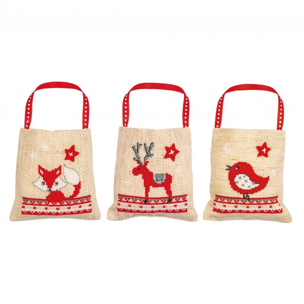 Vervaco Counted Cross Stitch Kit: Draw String Gift Bags: Christmas Animals: Set of 3