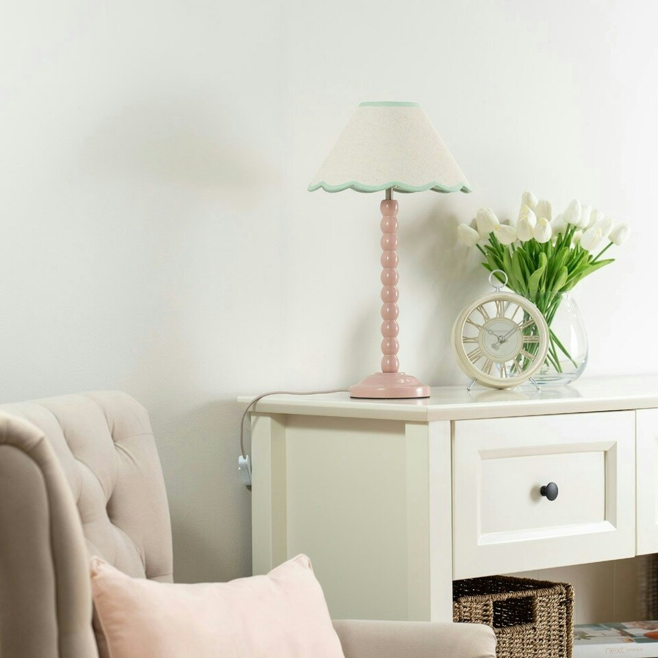 image 1 of ValueLights Bobbles Rose Pink Bobbin Table Lamp with Green Trim Scallop Shade
