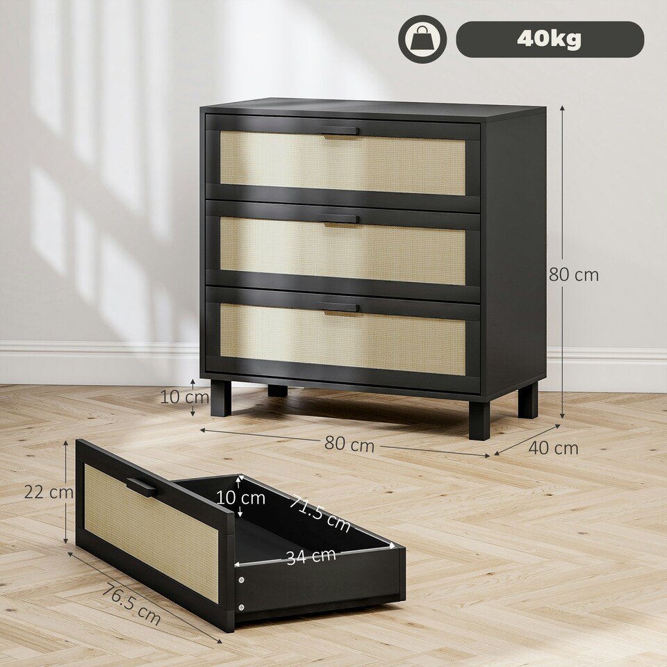 image 1 of HOMCOM 3 Drawer Cabinet Storage Cupboard Sideboard Organiser, Black Black | Nature Wood Finish