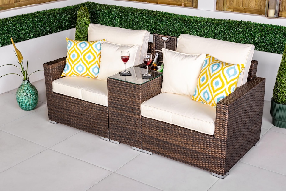 image 1 of Havana 2 Seat Modular Sofa Rattan Garden Bistro Balcony Furniture Set Outdoor Drinks Cooler Table | Brown | Brown | Two Seater