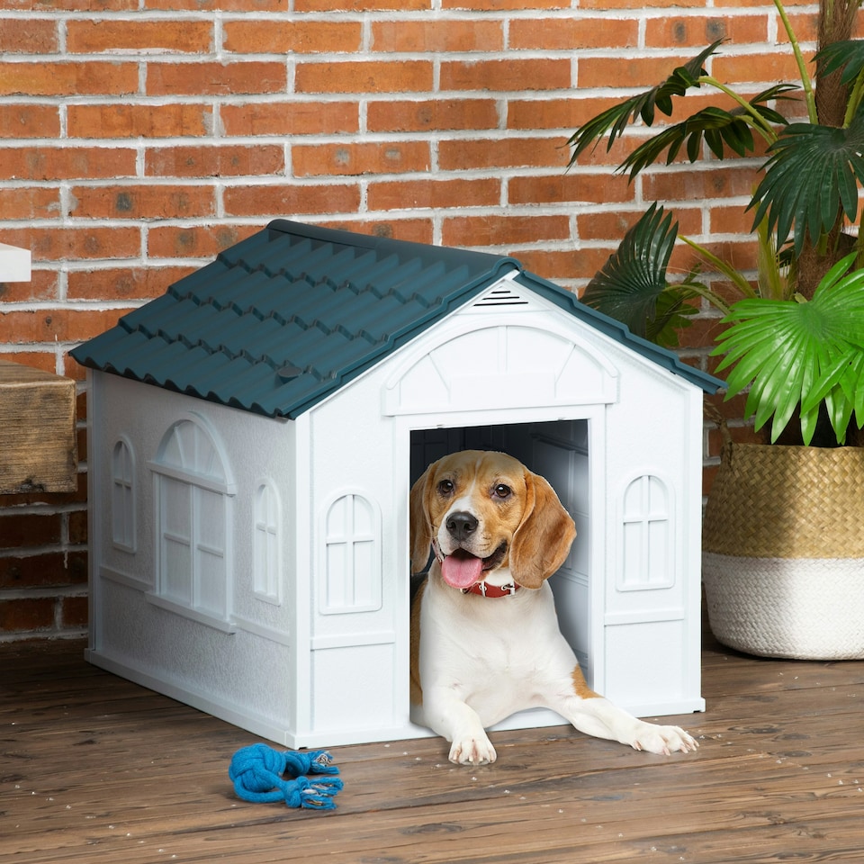 image 1 of PawHut Weather-Resistant Dog House, Puppy Shelter for Medium Dogs - Blue