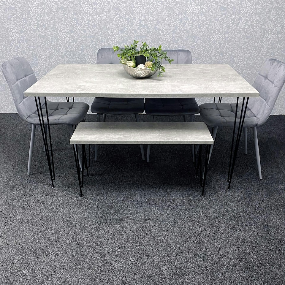image 1 of Grey Dining Table with Hairpin Legs, Bench & 4 Grey Velvet Chairs Set for Kitchen & Dining Room Grey