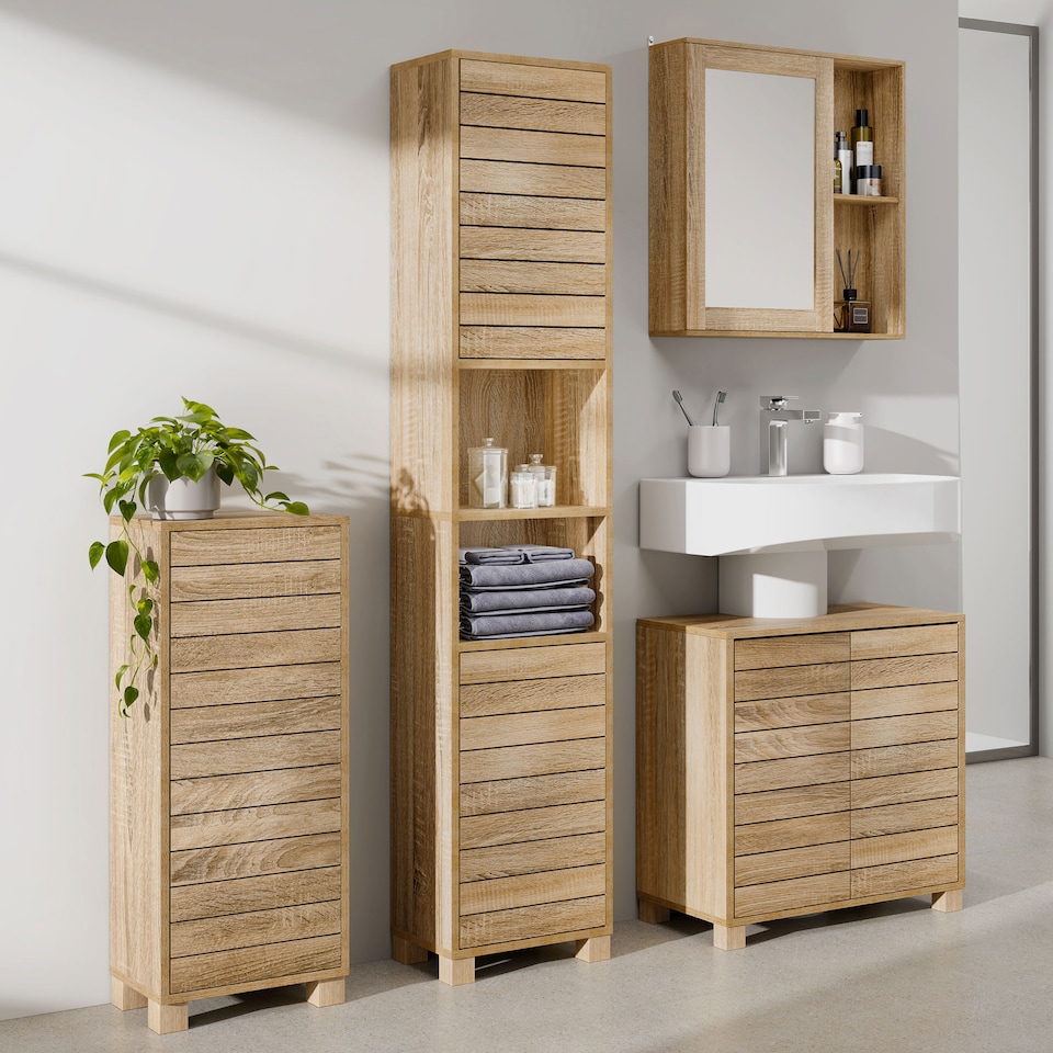 image 1 of VonHaus Chester Tall Bathroom Cabinet in Oak Effect