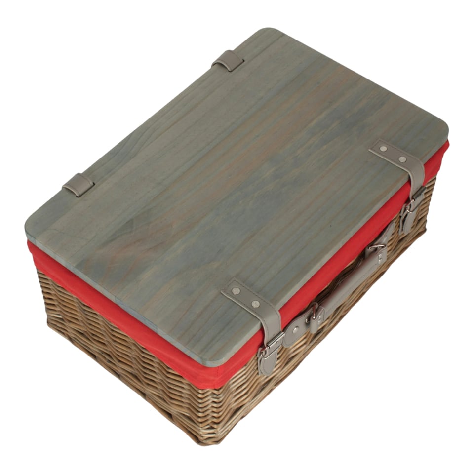 image 1 of 41cm Antique Wash Red Lined Willow Empty Picnic Basket with Pinewood Lid | Brown | Brown | M | 1