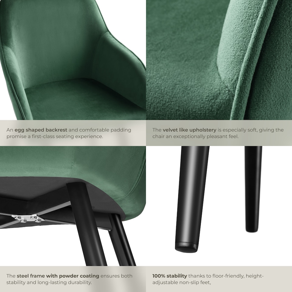 image 1 of Dining Chair Marilyn - with armrests, padded, velvet look, black steel legs | Green | dark green / black | 2