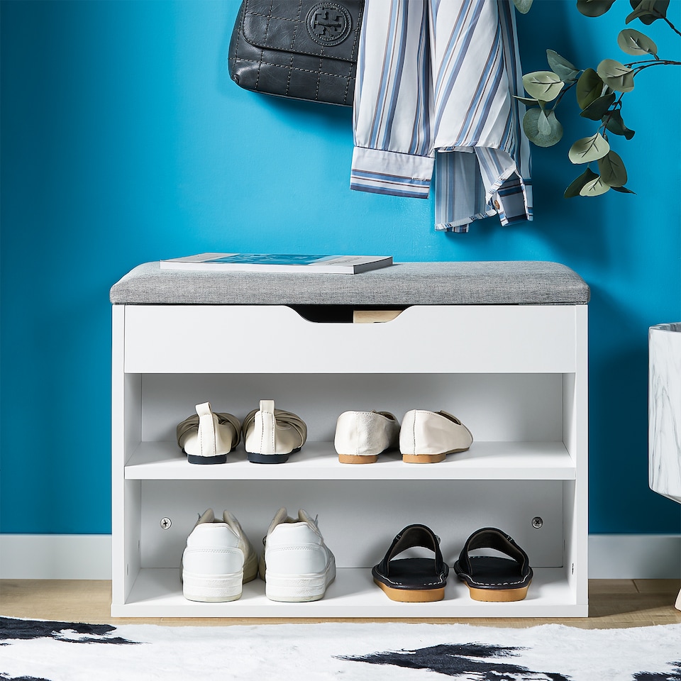 image 1 of SoBuy Shoe Storage Bench with Padded Seat, 2-Tier Shoe Rack, White/Grey, 23.6x11.8x16.9 in, 13 kg - FSR25-HG