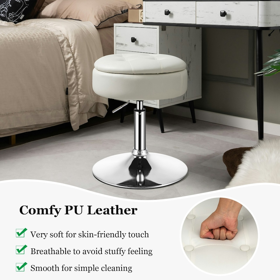 image 1 of Costway 360° Swivel Bar Stool w/ Lid Tufted Vanity Stool White