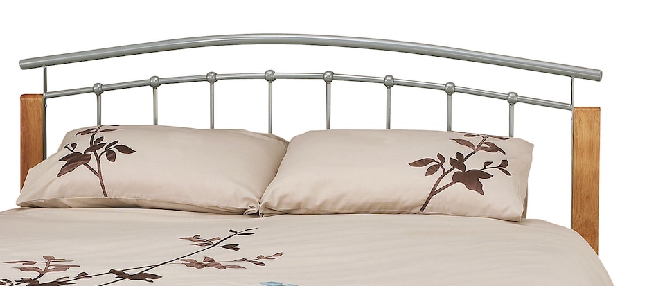 image 1 of 4ft6 Double Silver metal tubular bed frame, beech wood finish corner posts.Strong sturdy frame bedstead base | Multi | Silver & Beech | Double