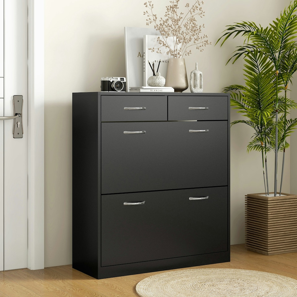 image 1 of HOMCOM Slim Shoe Cabinet with 2 Flip Drawers for 12 Pairs of Shoes Black 