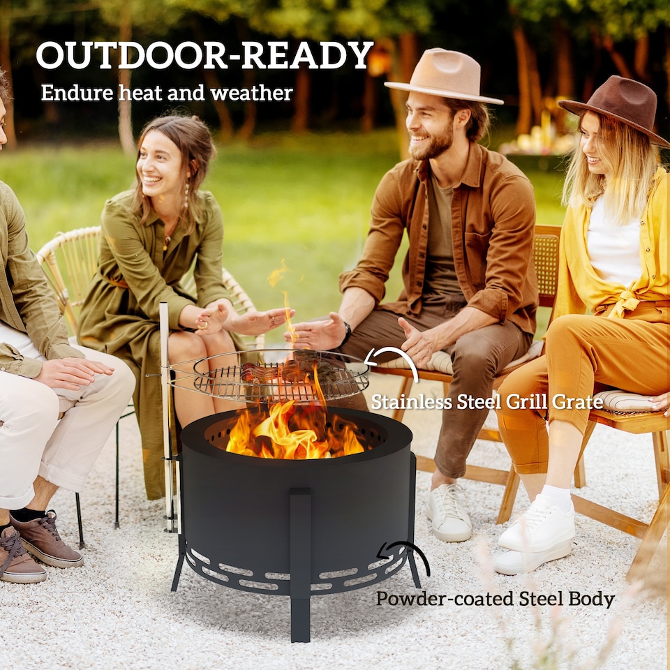 image 1 of Outsunny Portable Fire Pit, 58 cm Round Firepit with Grill Grate, Black