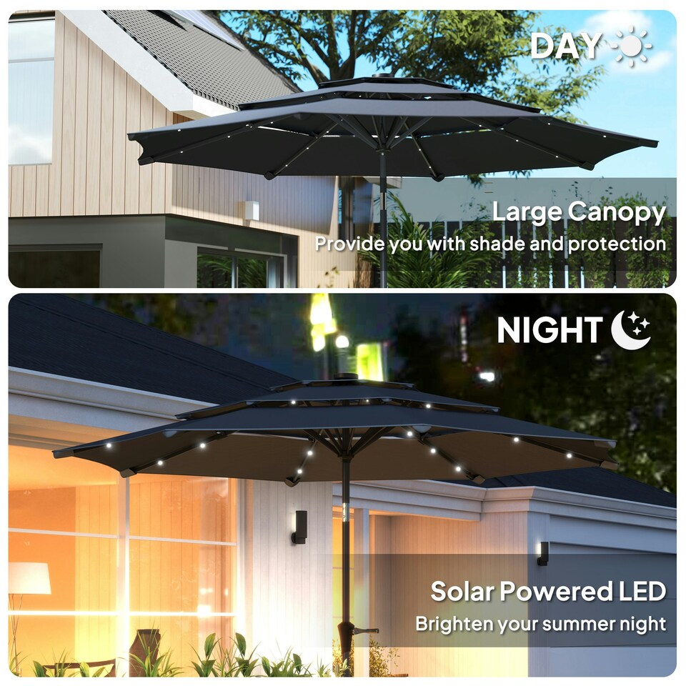 image 1 of Outsunny 3-Tier Garden Parasol w/ Solar LED Lights, Tilt, Crank Handle 
