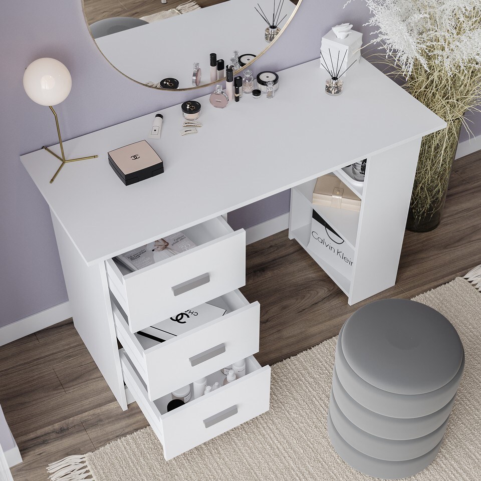 image 1 of Large Computer Desk Office Makeup Vanity Dressing Table Bedroom Drawers Shelves | Clear | White