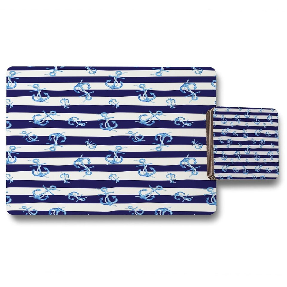 image 1 of Blue Anchors on Navy Striped Background (Placemat & Coaster Set)