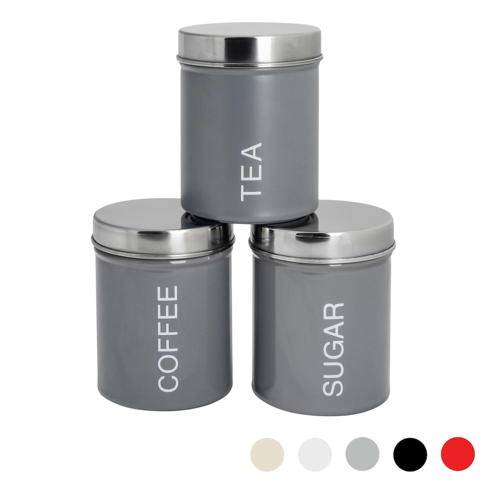 image 1 of Harbour Housewares Grey Round Metal Kitchen Tea Coffee Sugar Canisters Kitchen Caddy Kitchen Storage Containers Canister