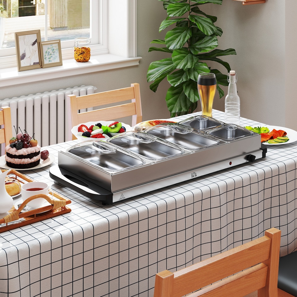 image 1 of HOMCOM Electric Food Warmer 5 Tray, 9.2L Buffet Server with Lids, Silver | Silver | Silver Tone