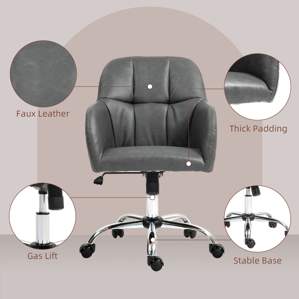 image 1 of HOMCOM Computer Desk Chair, PU Leather Swivel Office Chair, Makeup Vanity Chair with Height Adjustable, Wheels, for Home Study Bedroom, Grey
