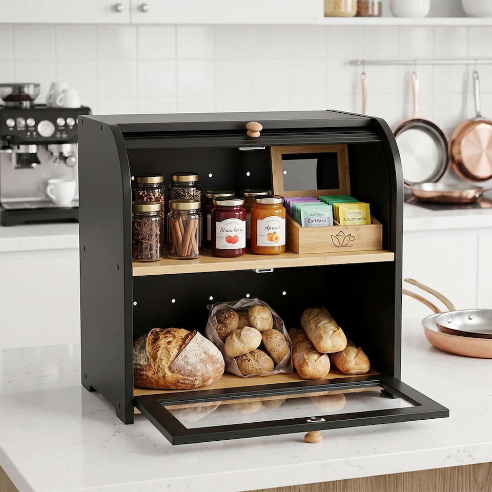 image 1 of Toque Bread Box 2-Tier Large Capacity Roll Top Black Bamboo Acrylic Door